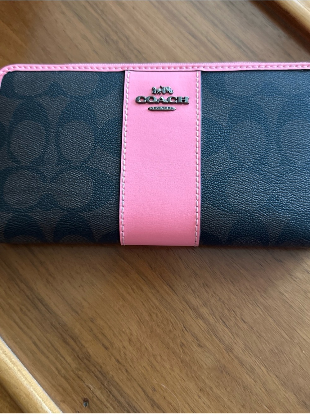 Coach Dark Brown Signature Zip Wallet with Pink Center Stripe